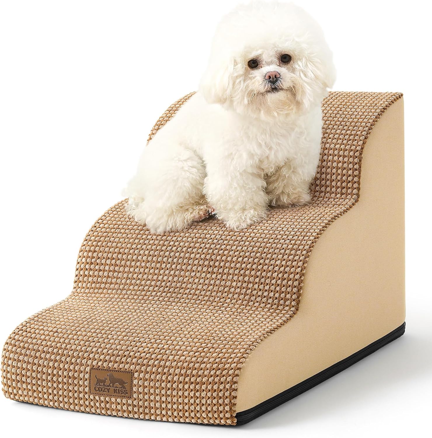 Dog Stairs for Small Dogs 15.7" H, Curved Dog Step for Puppy, Older Cat, Medium Pet Ramp for Sofa, Couch or Chair, Ladder with High Density Foam, 15.7x22.4x15.7 inch, 3 Step, Light Brown - Pawvie