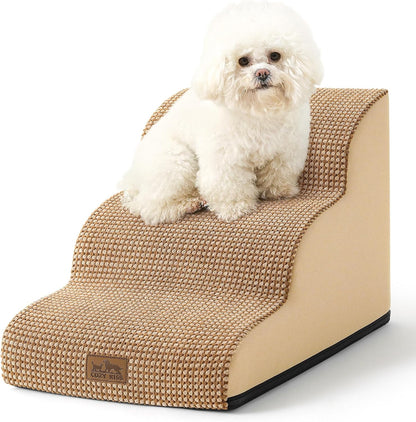 Dog Stairs for Small Dogs 15.7" H, Curved Dog Step for Puppy, Older Cat, Medium Pet Ramp for Sofa, Couch or Chair, Ladder with High Density Foam, 15.7x22.4x15.7 inch, 3 Step, Light Brown - Pawvie