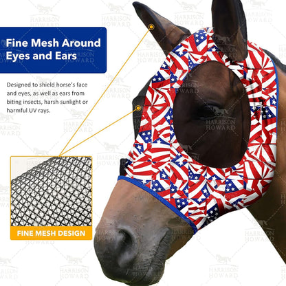 Harrison Howard Super Comfort Stretchy Fly Mask Large Eye Space with UV Protection Soft on Skin with Breathability Flag Grid M