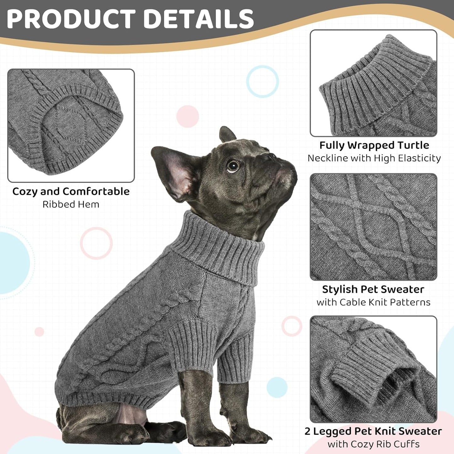Queenmore Small Dog Pullover Sweater, Cold Weather Cable Knitwear, Classic Turtleneck Thick Warm Clothes for Chihuahua, Bulldog, Dachshund, Pug (Slate Grey, Small)