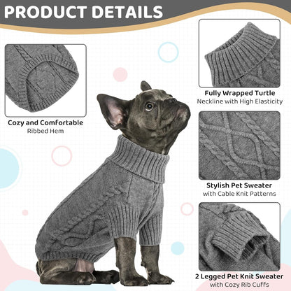 Queenmore Small Dog Pullover Sweater, Cold Weather Cable Knitwear, Classic Turtleneck Thick Warm Clothes for Chihuahua, Bulldog, Dachshund, Pug (Slate Grey, Medium)