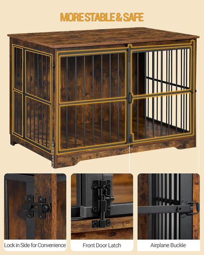 XL Large Dog Crate Furniture, 44.1" Indoor Dog Kennel Furniture with Barn Door, Wooden Tall Dog Crate, Heavy Duty Dog Cage for Large Dogs, Side End Table, Anti-Chew, Rustic Brown DFC80101B