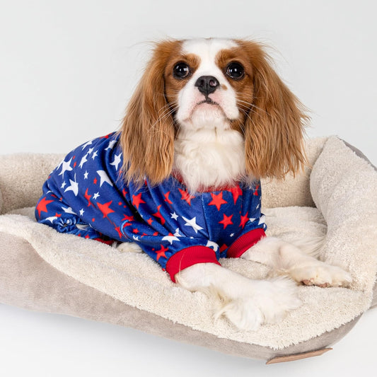 Fitwarm 4th of July Dog Pajamas, Patriotic Stars Dog Clothes for Small Dogs Boy Girl, Dog Onesie with Feet, Pet Outfit, Red, Blue, White, XL
