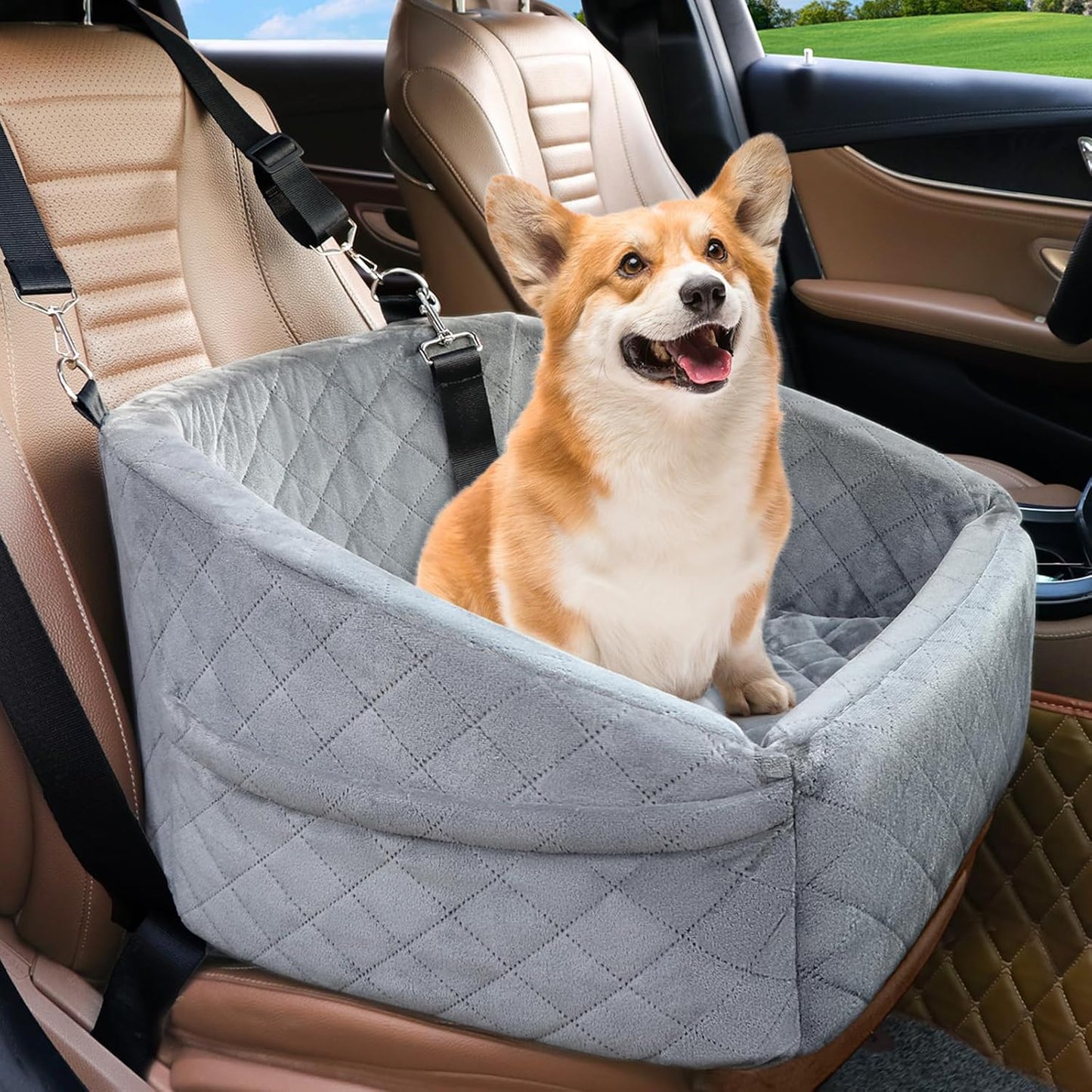 Dog Car Seat for Small Dogs,Detachable Washable Dog Booster Seat for Medium Dogs Under 30lbs, Pet Car Seat Travel Bed with Storage Pockets and Dog Safety Belt (Grey) - Pawvie