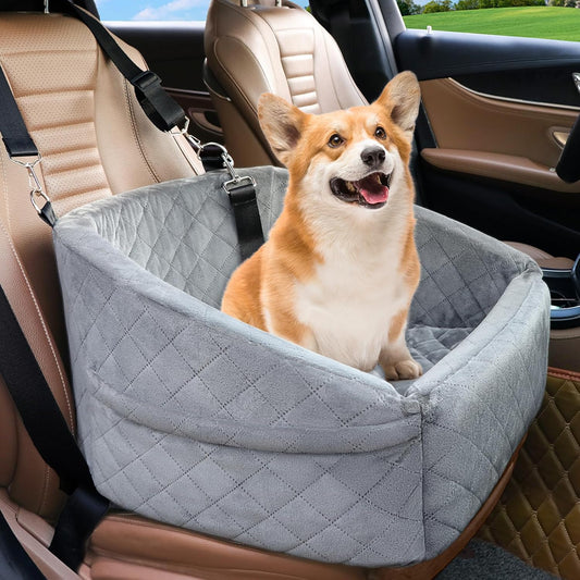 Dog Car Seat for Small Dogs,Detachable Washable Dog Booster Seat for Medium Dogs Under 30lbs, Pet Car Seat Travel Bed with Storage Pockets and Dog Safety Belt (Grey) - Pawvie