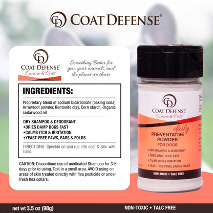 COAT DEFENSE Preventative Powder | Made in USA | 3.5oz Waterless Dog Shampoo & Pet Deodorizer for Smelly Dogs | Provides Anti Itch Relief | Dog Shampoo for Dry Itchy Skin & Smelly Dogs