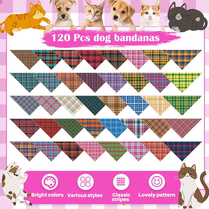 Sanwuta 120 Pcs Plaid Dog Bandanas Bulk Pet Scarves Adjustable Soft Cute Dog Triangle Scarfs for Medium Small Dogs Cats Large Puppy