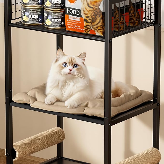 4in1 Cat Furniture Stand with Cat Scratching Post, Cat Food Bowls, Cats Bed Platform, Cats Food Storage Organizer, All in One Pet Furniture for Small Space (Black)
