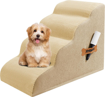 Dog Stairs, Romrol Dog Steps Ramp for High Bed and Couch, Dogs Ramp with Durable Non-Slip Waterproof Fabric Cover, Pet Stairs for Small Dogs and Cats or Pets Joints, 4-TiersBeige - Pawvie