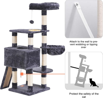 Heybly Cat Tree, Cat Tower for Indoor Cats with Scratching Board, Multi-Level Cat Furniture Condo with Feeding Bowl, Smoky Gray HCT010G