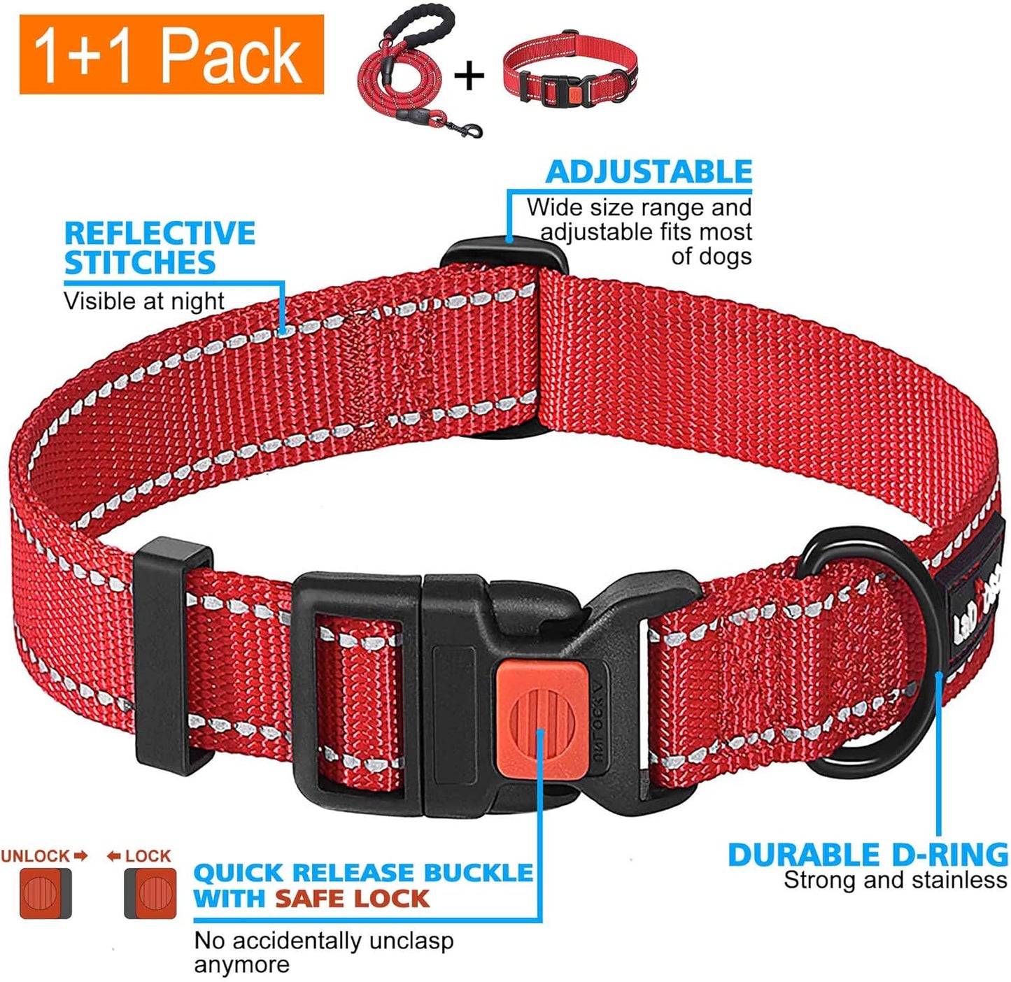 Heavy Duty Dog Leash - Comfortable Padded Handle, 5 ft Long - Dog Leashes for Small Medium Large Dogs (Leash+Collar L Neck 20"-25", Red)
