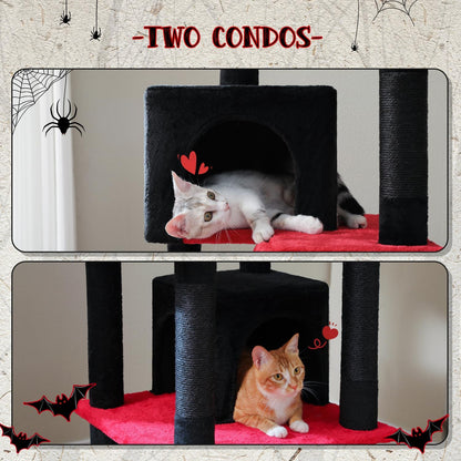 PAWZ Road 70 Inch Cat Tower, Gothic Cat Tree with 2 Cozy Condos, 2 Plush Perch, Large Basket, 2 Scraching Pad & 6 Scraching Posts for Indoor Cats Large Adult