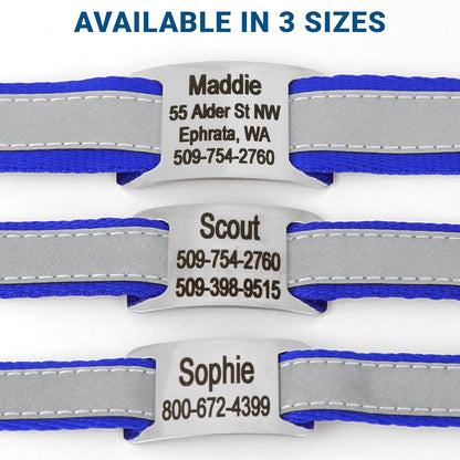 GoTags Reflective Personalized Dog Collar with Nameplate, Adjustable Dog Collar with Custom Engraved Steel Slide On Pet ID Tag, Silent, No Noise Dog Tag for Large Medium or Small (Blue, Large)