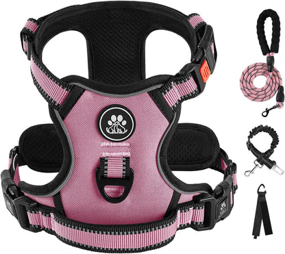 IVY&LANE No Pull Dog Harness for Large Dogs, Dog Vest Harness with Leash, Safety Belt and Storage Strap, Fully Adjustable Harness, 360° Reflective Strip, Soft Handle (Pink, XL)