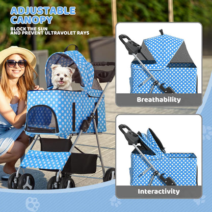 Magshion Foldable Pet Stroller, 3-in-1 Dog Travel Jogger with Detachable Carrier, Cup Holder, Storage Basket, Folding Carrier for Small/Medium Dogs & Cats Up to 33 lbs, Sky Blue Polka Dots