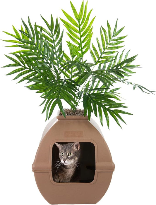 Good Pet Stuff Hidden Litter Box Planter, Decorative Cat Litter Enclosure with Carbon Filter, Artificial Plant, Easy Clean, Indoor Design, Courtyard Square Style, Base Kit, Mocha Brown