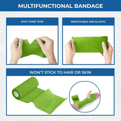 Self Adhesive Bandage Wrap - Pack of 12 Assorted Colors, Non-Woven, Breathable & Water-Resistant Vet Wrap for First Aid, Sports Injury, Body Sprains, & Pets - 4 Inch x 5 Yards
