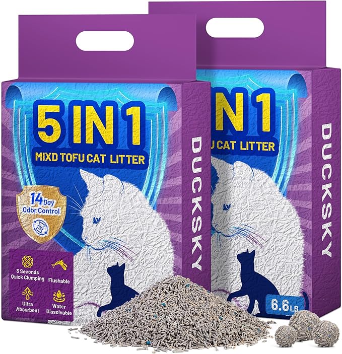 Ducksky Tofu Cat Litter Fast Clumping 5in1, Natural Plant-Based flushable Lightweight tofu Litter for Kitty, Effective Odor Control,unscented pellets, 99% Dust- Free,Low Tracking,(6.6LB x 2 Pack)