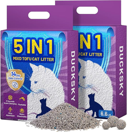 Ducksky Tofu Cat Litter Fast Clumping 5in1, Natural Plant-Based flushable Lightweight tofu Litter for Kitty, Effective Odor Control,unscented pellets, 99% Dust- Free,Low Tracking,(6.6LB x 2 Pack)