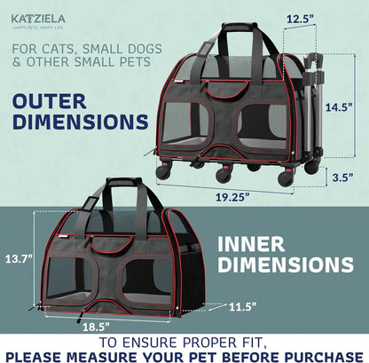 Katziela Pet Carrier - Airline Compliant - TSA Approved Pet Carrier for Small Dogs and Cats - Soft FAA Travel Airplane Dog Carrier Luggage (Black/Red)