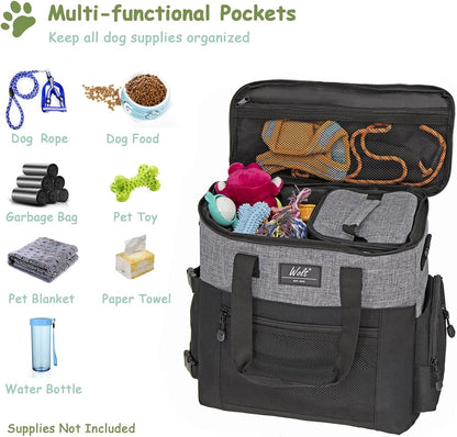 WOLT Dog Travel Bag Dog Bag for Traveling and Supplies with 2 Collapsible Bowls, 2 Food Containers, 1 Place Mat, Grey - Pawvie