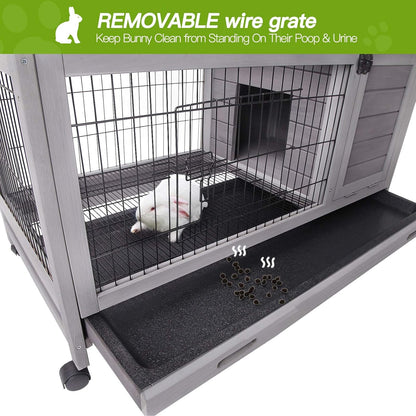 Indoor Rabbit Hutch Bunny Cage with 4 Casters, Bunny Hutch -Removable Wire Grate