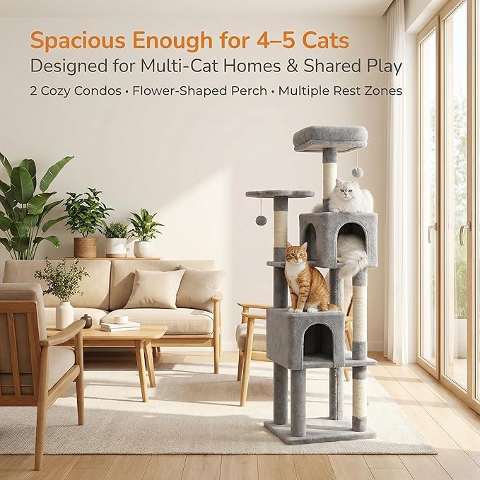 62" Cat Tree for Adult Cats - Multi-Level Tower with 2 Condos, Scratching Posts, Plush Bed & Pompoms, Gray