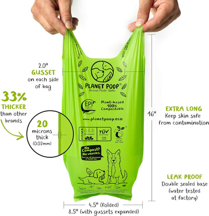 PLANET POOP Home Compostable Dog Poop Bags Extra Long with Handles | Large Single Roll 200 Grab & Go | Un-scented Dog Waste Bag | Leakproof Doggy & Cat Bags | Plant-Based Pet Supplies