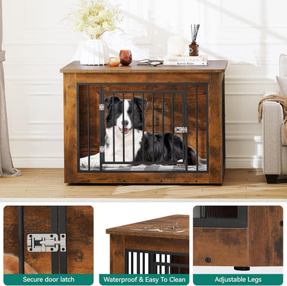 YITAHOME Dog Crate Furniture for Large Dogs, Side End Table, Modern Dogs Kennel Indoor up to 60 lb, 2-in-1 Iron-Wood Fusion Dog Cage with Waterproof Top, Safety Corners, Steel Lock,38"L, Rustic Brown