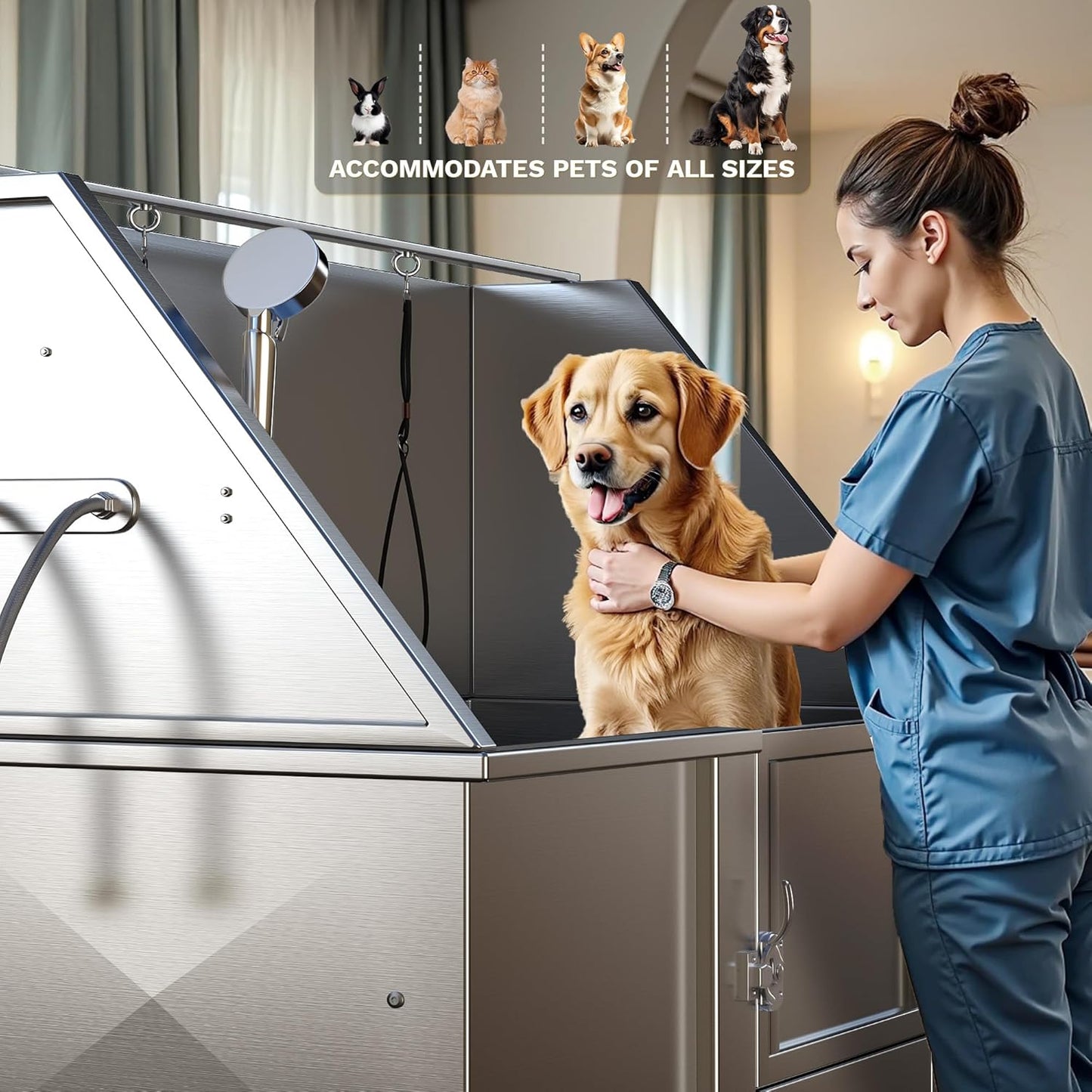 DWVO Professional Pet Dog Bathing Station for Grooming, 50'' Dog Grooming Bathtub with Right Ramp, Floor Grate, Faucet, Showerhead & Soap Holder for Large, Medium & Small Pets