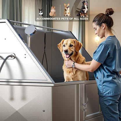 DWVO Professional Pet Dog Bathing Station for Grooming, 50'' Dog Grooming Bathtub with Right Ramp, Floor Grate, Faucet, Showerhead & Soap Holder for Large, Medium & Small Pets