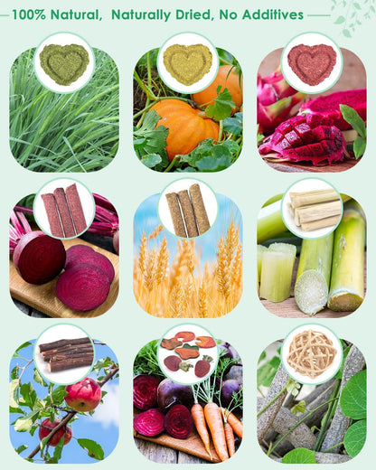 ERKOON 33PCS Bunny Chew Toys for Rabbits Teeth, Natural Rabbit Toys Apple Wood Sticks, Carrot, Timothy Grass Toys for Small Pets, Hamster, Chinchilla, Guinea Pig Dental Care and Treat Teething Toys