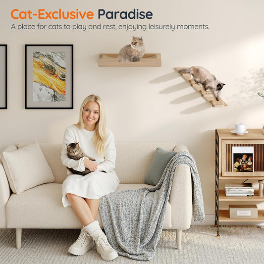 HOOBRO Cat Wall Shelf Set of 2, Wall Mounted 4-Level Cat Steps with Jute Scratching Steps, Hammock Wall Mounted, Holds up to 40 lb, Cat Wall Furniture, for Playing, Natural NL41CS03