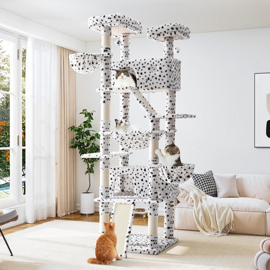 Allewie 81 Inches Tall Cat Tree/Multi-Level Large Climbing Tree House and Towers for Big Feline/Condo and Hammock/Scratching Post/Wide Base/White & Black Spot