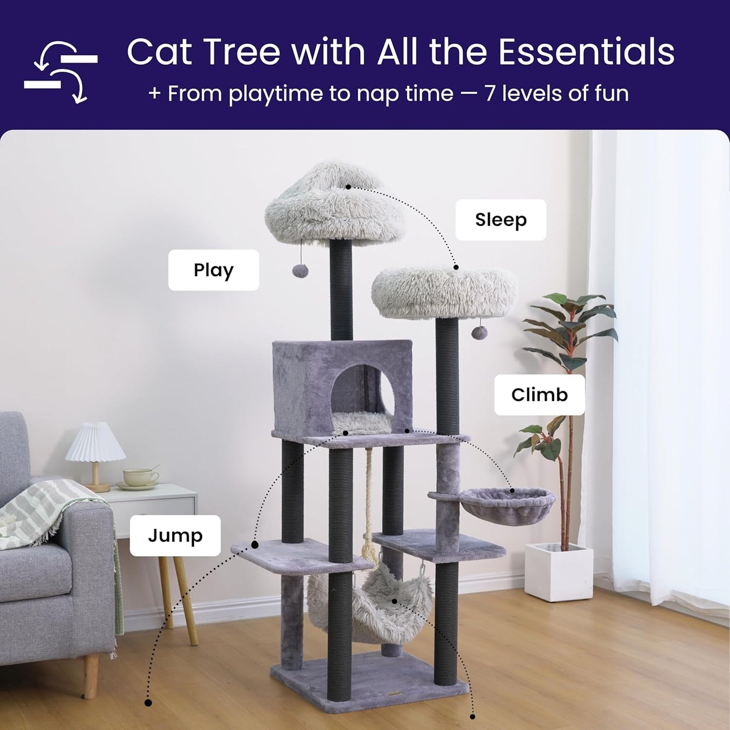 Catry Bradbury 7-Level 62.5” Modern Cat Tree with Replaceable Scratching Posts,Big Condo,Two Washable Beds, Two Hammocks,Quick Assembly, for Multi-Cat Homes(Cloud Gray)