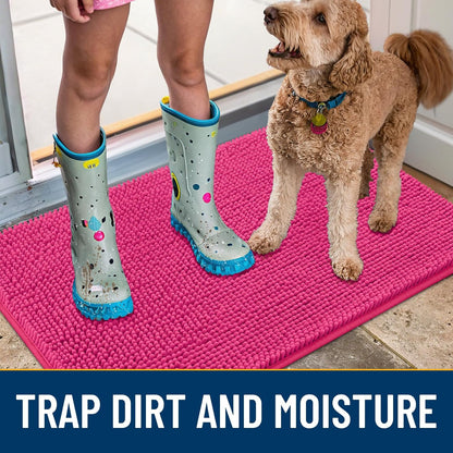 Smiry Dog Door Mat for Muddy Paws 30x20, Absorbs Moisture and Dirt Doormat, Non-Slip Washable Quick Dry Chenille Front Door Mat Indoor Entrance, Entryway Carpet for Inside Floor, Hot Pink