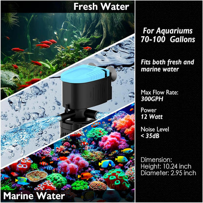 AquaMiracle Submersible Aquarium Filter 3-Stage in-Tank Filter with Dual Water Outlet & Aeration, Water Flow Adjustable 300GPH Internal Fish Tank Filter for 60-150 Gallon Aquariums