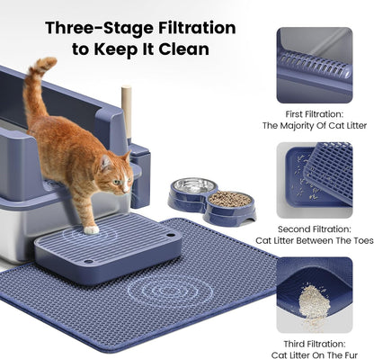 Stainless Steel Cat Litter Box - Enclosed XL Metal Kitty Litter Box with Lid for Big Cats, High Sided, Anti-Leakage, Easy Cleaning, Non-Sticky, Included Litter Mat, Cat Bowl & Spoon