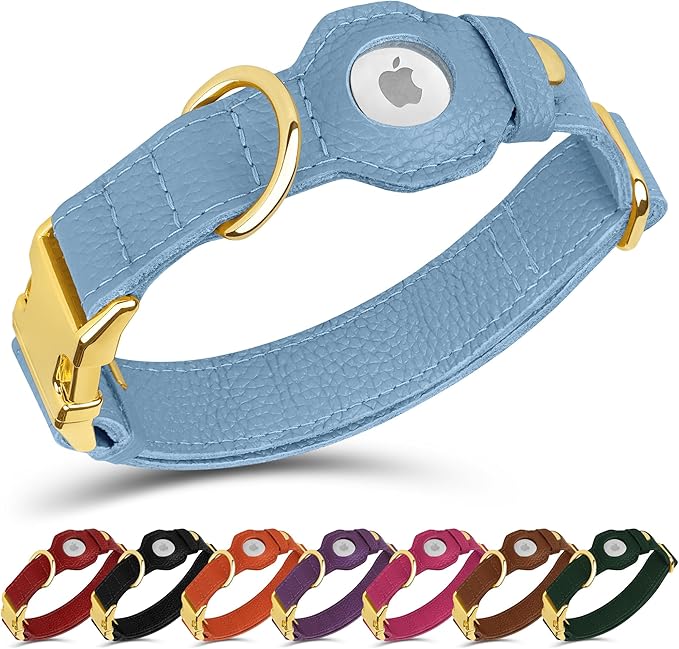 Leather Airtag Dog Collar - Soft Tracking Dog Collar with Apple AirTag Holder and Metal Buckle - Safety GPS Pet Collars for Small Medium Large Dogs Puppy Pink Red (Cornflower, M, 14"-18" Neck Fit)
