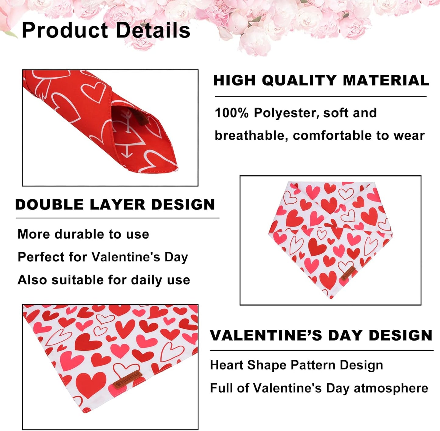 ADOGGYGO Valentine Dog Bandanas, Red Pink Heart Pet Scarf, Multi Size Offered, White Red Valentine Bandana for Medium Large Dogs (Large)