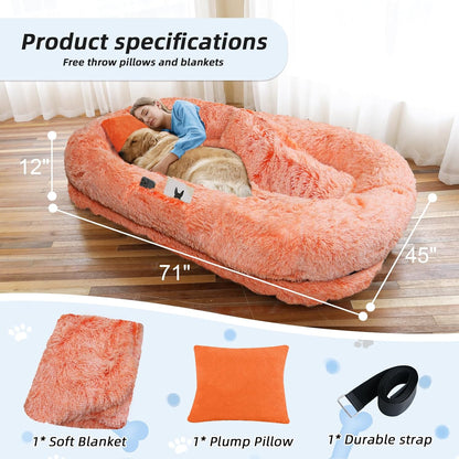 Human Dog Bed, 71''x45''x12'' Size Fits You and Pets, Washable Faux Fur Pet Bed for People Doze Off, Napping Orthopedic Dog Bed, Present Plump Pillow, Blanket, Strap - OrangeWhite