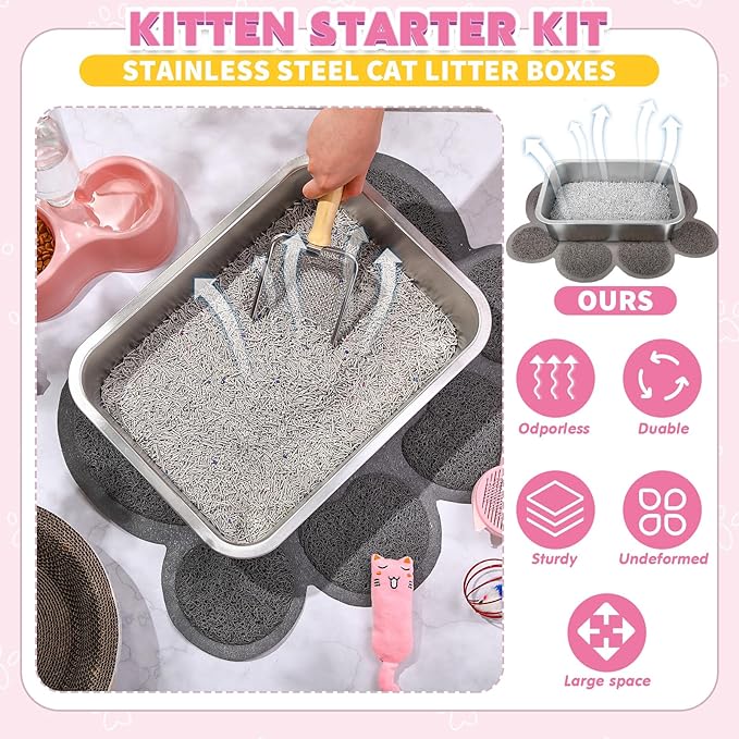 38 Pcs Kitten Supplies Starter Kit Cat Essentials Set Include Cat Scratcher Cardboard Stainless Steel Litter Box Bed Carrier Kitten Toys Accessories for Welcome Gift Supplies