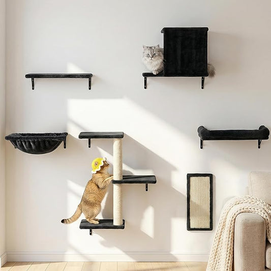 Cat Wall Shelves with Vertical Cat Scratcher, 17" × 11.9" Large Perch Bed and Hammock for Large Adult Cats, 6-in-1 Heavy Duty Cat Furniture Set for Indoor Cats