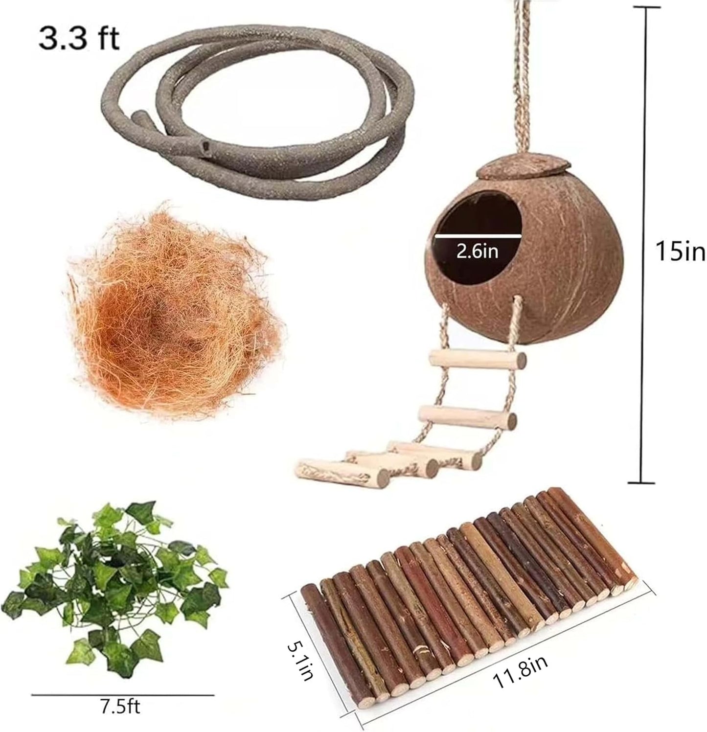 10PCS Crested Gecko Tank Accessories, Reptile Plants Bridge Vines, Coconut Shell with Ladder for Lizard, Chameleon Cage, Snakes, Hermit Crab, Leopard Gecko Tank Accessories, Terrarium Decor