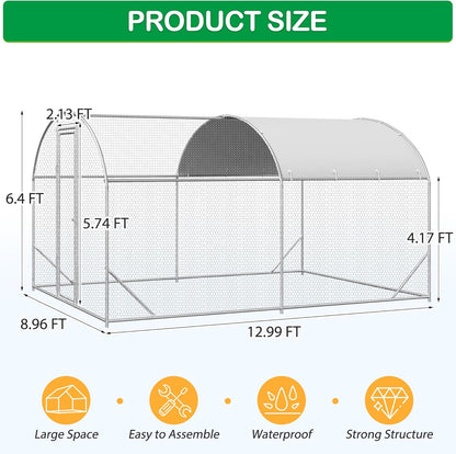 Large Metal Chicken Coop, Walk-in Chicken Run Pen with Waterproof Cover, Dome Roof Poultry Cage for Outdoor, Backyard, Farm (8.96'Wx12.99'Lx6.4'H)