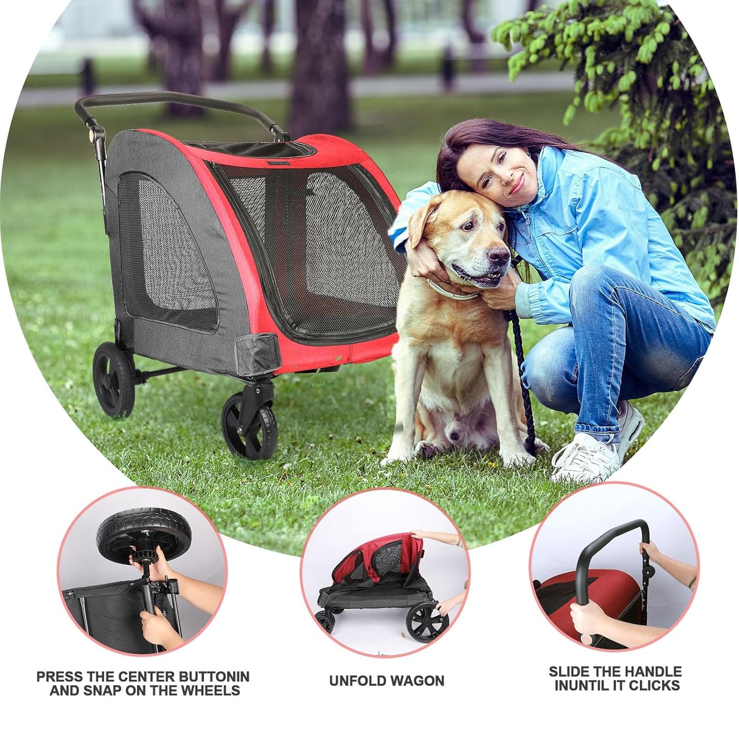 Large Dog Travel Stroller with 4 Heavy Duty Wheels Pet Stroller with Adjustable Handle - Double Doggie Capacity Jogger Wagon with Back Front Door for Small Medium Large Dogs (Red-Black) - Pawvie