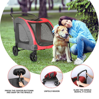 Large Dog Travel Stroller with 4 Heavy Duty Wheels Pet Stroller with Adjustable Handle - Double Doggie Capacity Jogger Wagon with Back Front Door for Small Medium Large Dogs (Red-Black) - Pawvie