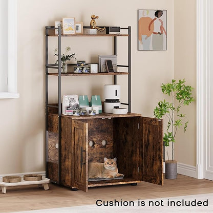 Cat Litter Box Enclosure, Hidden Litter Box Furniture with 3 Storage Shelves and Doors, Rustic Indoor Cat Cabinet, Multi-Functional Storage for Food, Cats Toilet Furniture