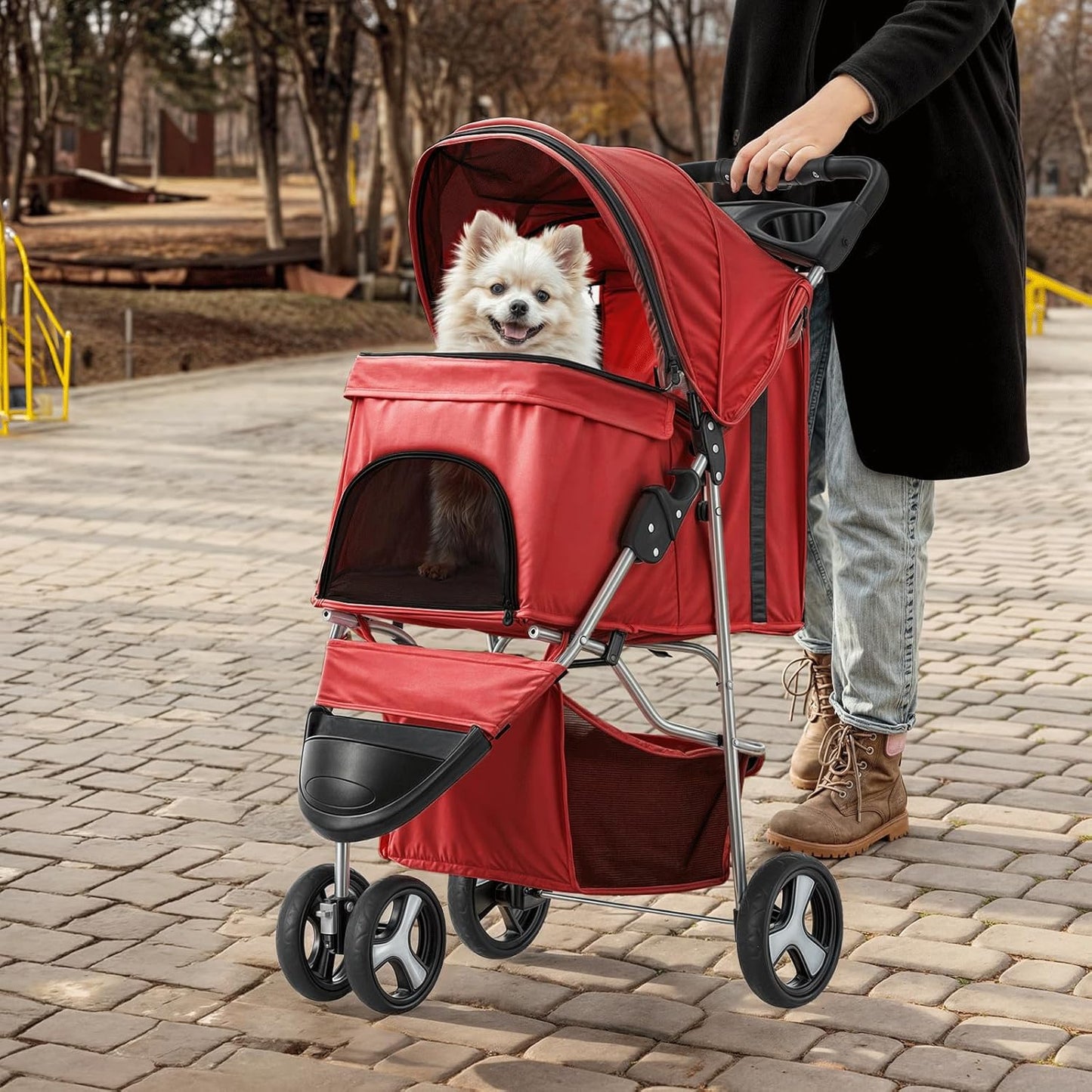 MoNiBloom 3 Wheels Pet Stroller, Foldable Puppy Cage Jogger Stroller with Weather Cover for All-Season, Storage Basket and Cup Holder, Breathable and Visible Mesh for Small/Medium Pets, Red - Pawvie