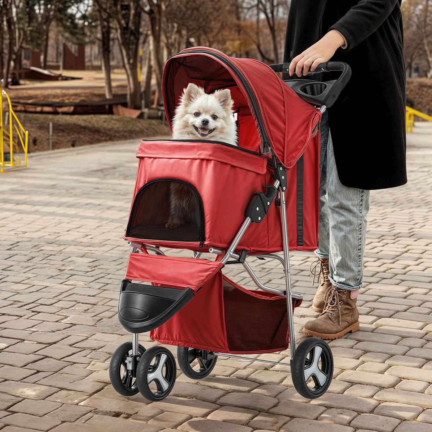 MoNiBloom 3 Wheels Pet Stroller, Foldable Puppy Cage Jogger Stroller with Weather Cover for All-Season, Storage Basket and Cup Holder, Breathable and Visible Mesh for Small/Medium Pets, Red - Pawvie